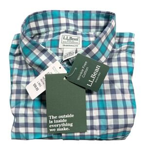 L.L. Bean Sport Shirt Mens L Blue Pine Wrinkle Free Cotton Plaid Long Sleeve NEW